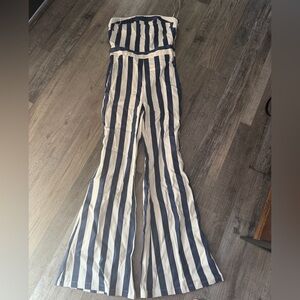 Flying Tomato Navy & White Vertical Stripe Strapless Flare Jumpsuit